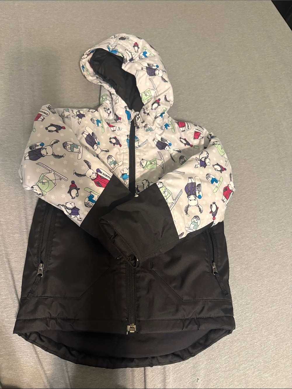 The North Fave Kids Waterproof Hooded Ski Jacket - Black & White Penguin Print
